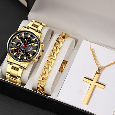 3PCS Set Luxury Mens Calendar Watches Men Stainless Steel Quartz Watch Set Male Business Casual Wrist Watch and Necklace and Bracelet