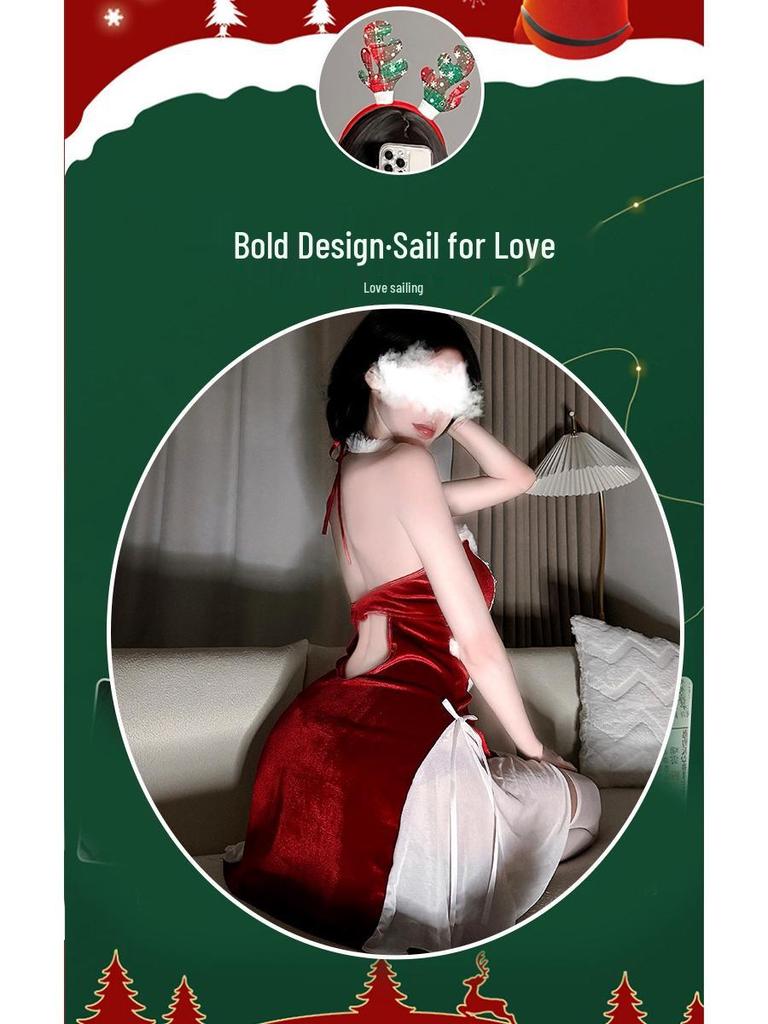 Christmas Bunny Girl Lingerie Costume: Backless Role Play Nightwear Dress