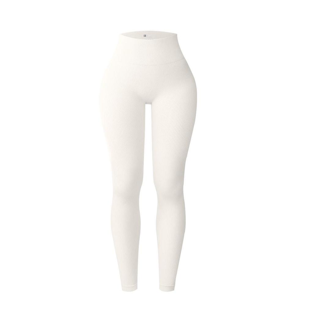 Women's European Style Seamless Ribbed High Waist Yoga Leggings - Peach Butt & Tummy Control Fitness Pants.