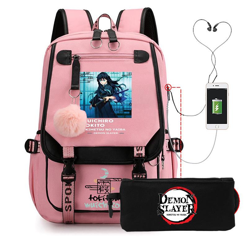 Casual Korean version schoolbag ghost extermination animation two-dimensional trend boys and girls USB backpack two-piece set