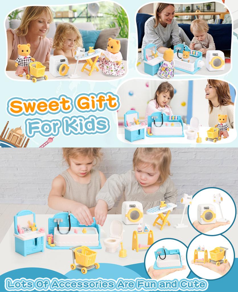 Puppenhaus-Möbelset für Kinder, Badezimmer, Küche, Kühlschrank, Waschmaschine, Wäscheset, Zubehör, Rollenspiel-Möbelspielzeug