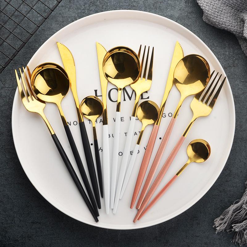 30pcs Gold Dinnerware Set Stainless Steel Steak Knife Fork Coffee Spoon Teaspoon Flatware Dishwasher Safe Kitchen Tableware Set