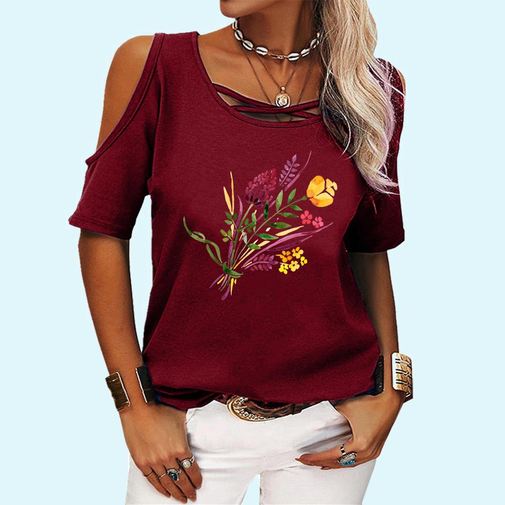 Women Fashion Round Neck Tee Shirt Summer Off Shoulder Short Sleeve Top Casual Floral Print T-shirt