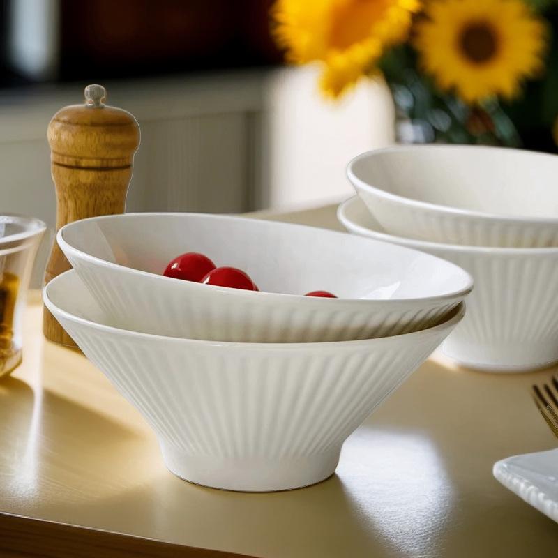 7-Inch Pure White Bamboo Ramen & Salad Bowl Set, 2-Pack - Vertical Stripe Design, Versatile for Beef Noodles & More. No Size
