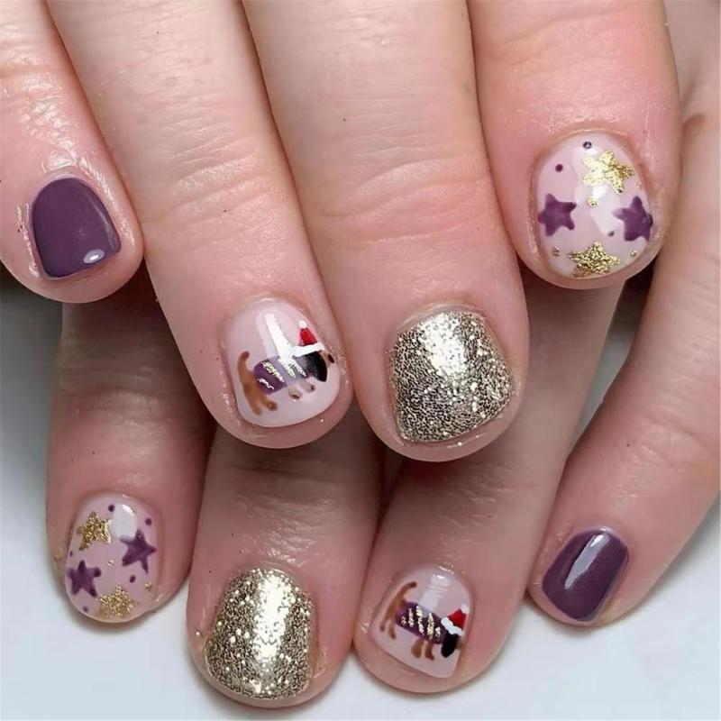 

24 Pcs Glittering Star Artificial Nails Christmas False Nails Full Cover Stick on Nails Lovely Dog Press On Nails 1