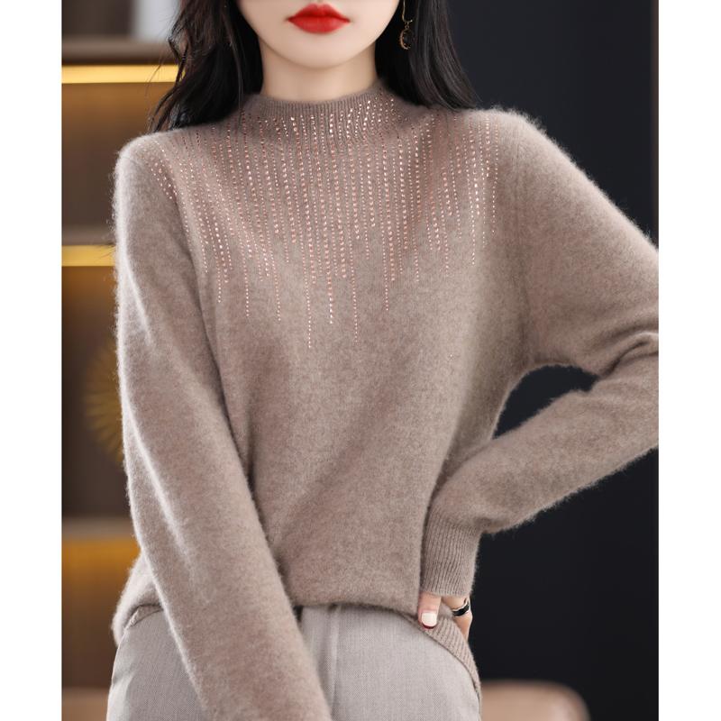 Women's Half Turtleneck Diamond Sweater, Qinghe Cashmere, 30% Cashmere 70% Wool, Winter Knitted Pullover Autumn Sweater Cashmere Sweater