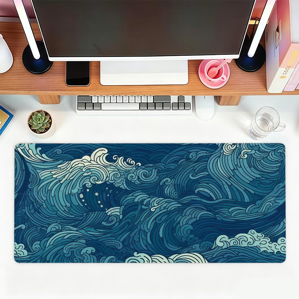 Japanese Ocean Wave Large Mouse Pad Blue SeaWave NonSlip Rubber Desk Mat Extended Keyboard Pad For Gaming Office Home Decor