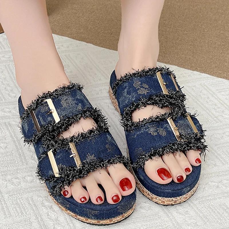Fashion Fashion Double Buckle Denim Slippers Women New Comfort Thick Bottom Sandal Woman Summer Stylish Med Heel Platform Slides Mujer