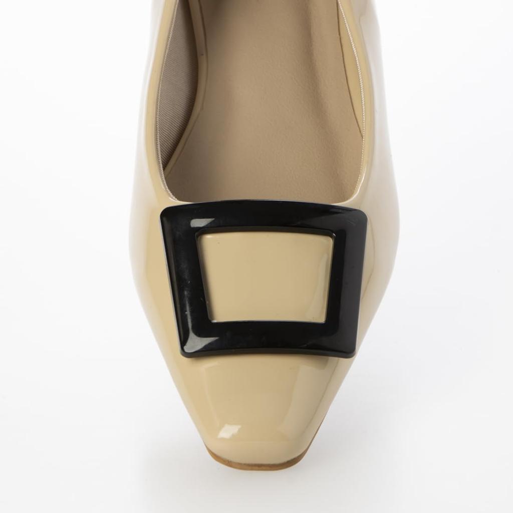Evol IX5458 Square Buckle Pumps with Beige Patent Size Suitable for All Weather Use Women's 2.5cm Heels, Leather, 23.5cm,