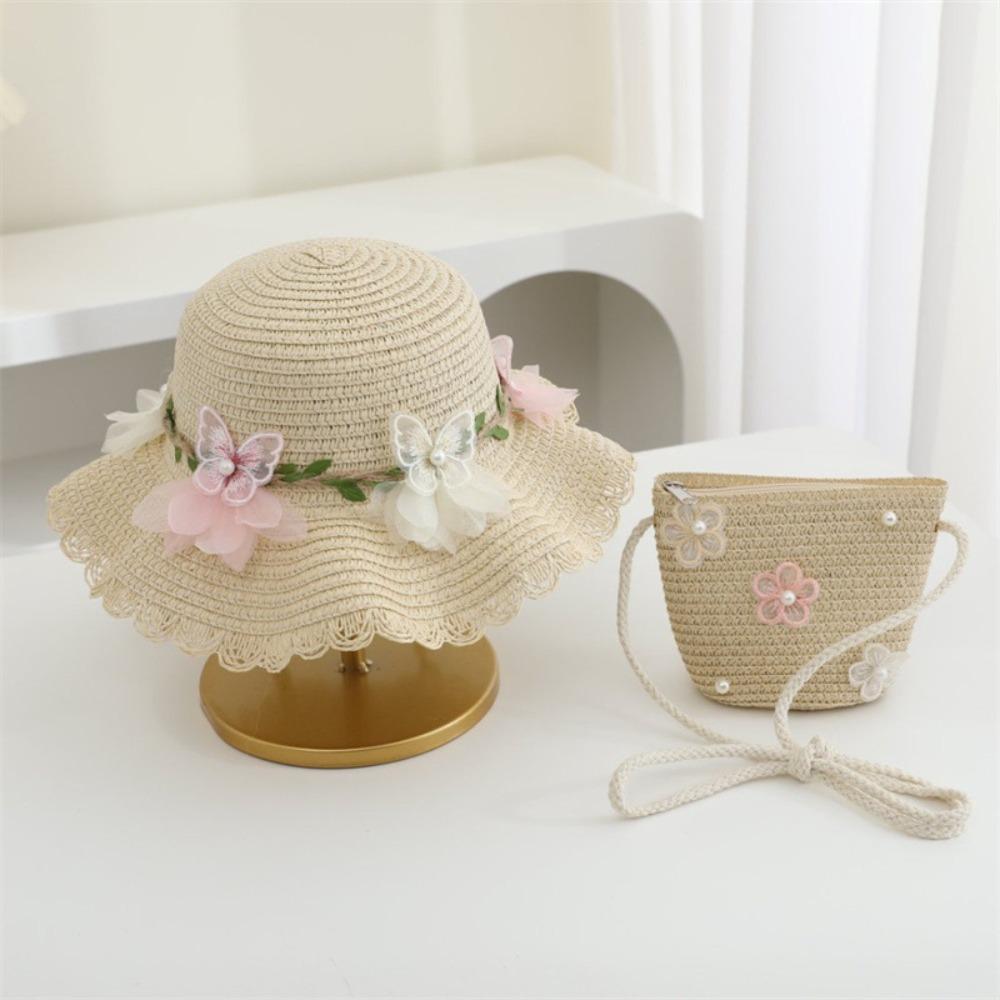 

2 шт./набор симпатичных соломенных шляп с бабочками, летние пляжные шляпы с широкими полями, новые солнцезащитные кепки для путешествий бежевый