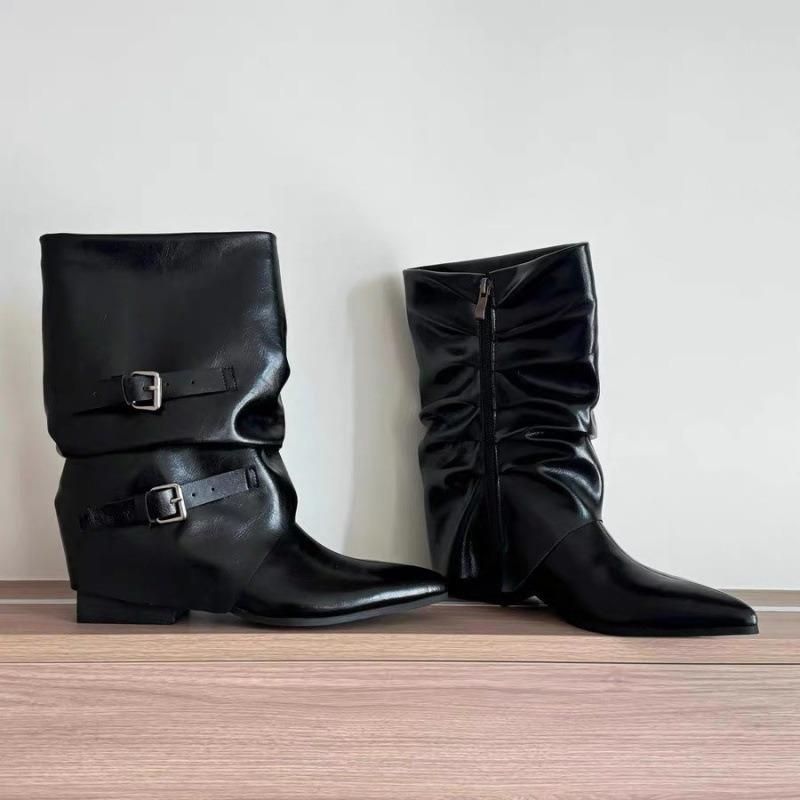 Cowhide Version~ New Niche Wide Tube Thigh Circumference Mid Tube Western Boots Women's Thick Heel Trousers Women's Boots Knight Boots