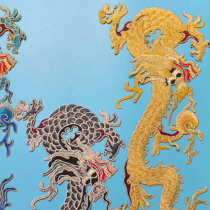 1Pc Blue Golden Chinese Style Large Dragon Sewing Embroidery Patches Clothing Applique Decoration Accessory