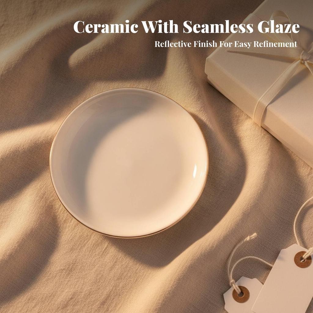 Ceramic Jewelry Dish with Gold Rim Shallow for Vanity, Entryway