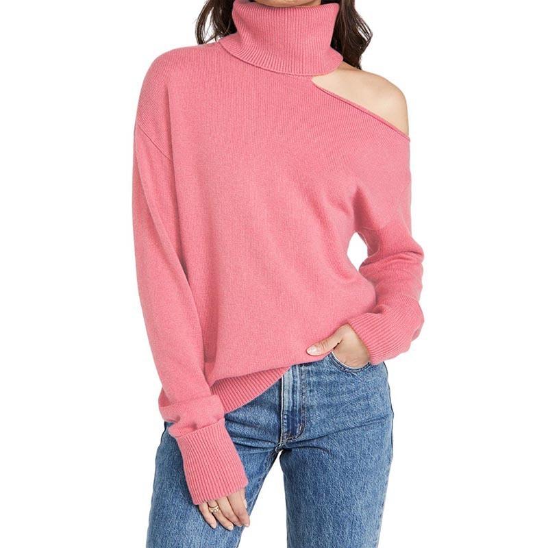 Autumn and Winter Women's Knitwear Solid Colour Lapel Leakage Shoulder Sexy Knitted Sweater