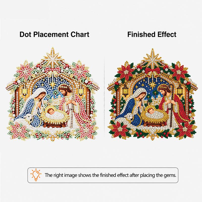 2D Flat Nativity Scene Pearl Diamond Painting Hanging Ornament, Mixed‑Sized Pearl Beads Craft Acrylic Hanging Kits, 9.72Inch/7.76Inch Two Sizes