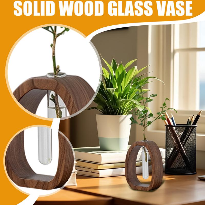 Elegant walnut glass design Creative Hydroponic Plants Container With Wood Frame Transparent Glass Tube Vase Bonsai Home Decor
