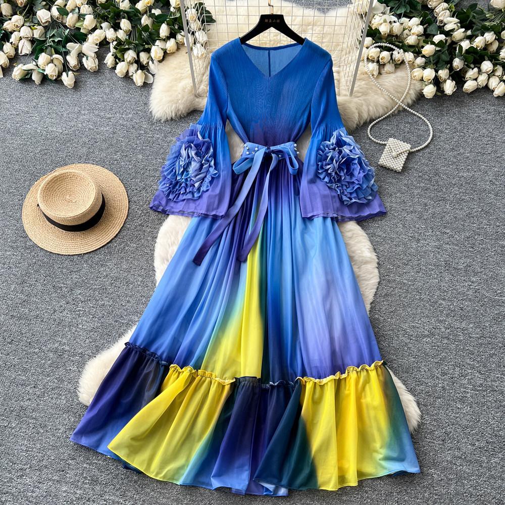 Holiday style purple flower print dress women's spring long-sleeved high-waisted A-shaped skirt waist lotus leaf edge long dress