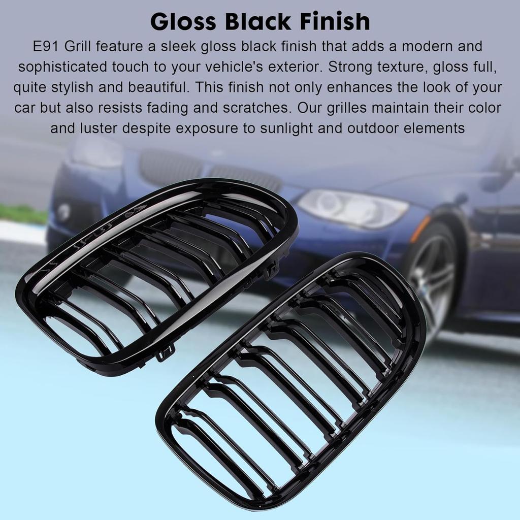 Front Bumper Kidney Grille, Pair Gloss Black Grill Double Line Compatible with 2009-2011 BMW E90 328i 318i 320i 323i 325i 330i 335i