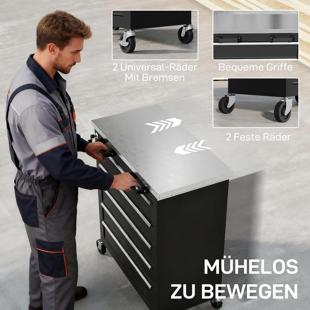 Tool Cabinet with 5 Drawers, Rolling Tool Chest, Tool Cart Made of Steel, Silver Tone+Black