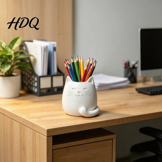 Odorless Pen Container Holder Cartoon Cat Shape Desk Organizer Smooth Surface Decorative