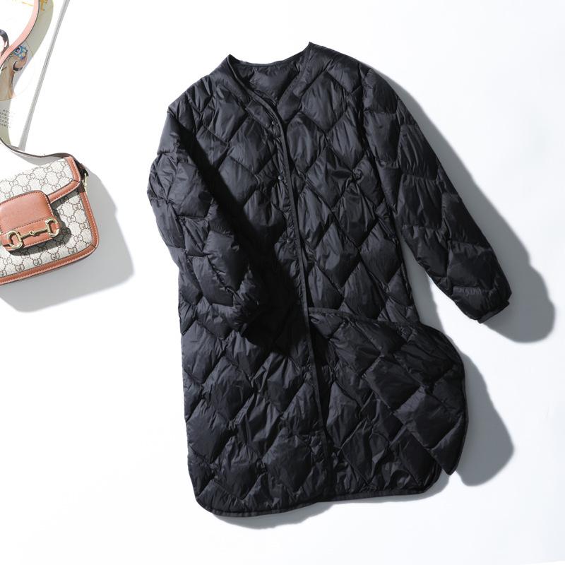 Women Ultralight White Duck Down Long Jacket Argyle V-neck Collar Casual Autumn Winter Outwear Coat