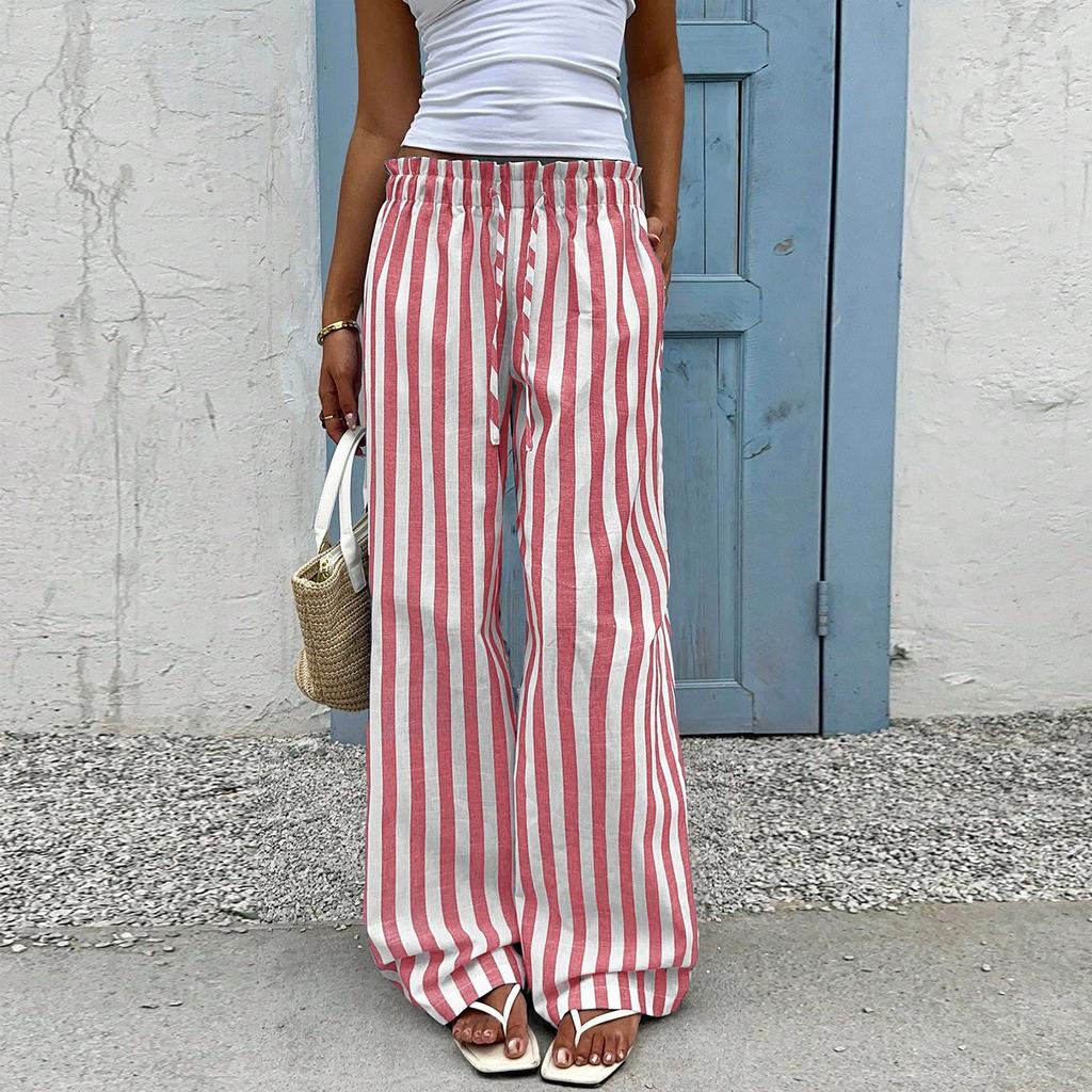Pantaloni Casual da Donna a Gamba Dritta a Righe, Vestibilità Larga, con Coulisse in Vita per un Comfort Rilassato Quotidiano