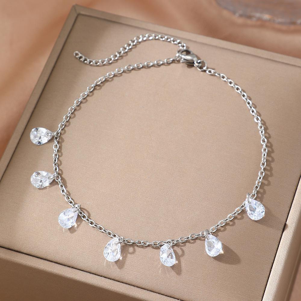 

Stainless Steel Zircon Anklet with Tassels - Women s Fashion Foot Jewelry for Summer Beach