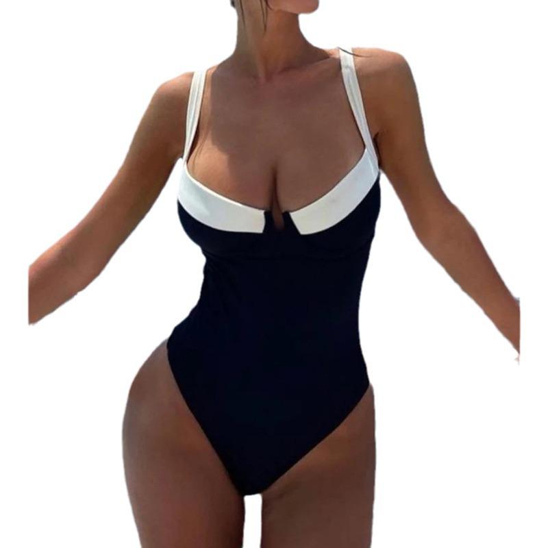 2024 Women's Black and White Colorblock Slimming One-Piece Swimsuit