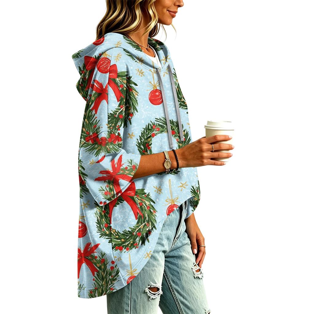 Women's Fashion Christmas Print Hooded Pullover Top, 3/4 Sleeve Casual Tunic