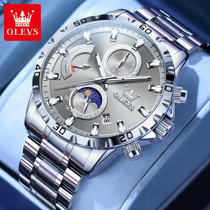 OLEVS 2953 45.5mm Big Dial Men's Watches Stainless Steel Moon Phase Waterproof Chronograph Original Quartz Wrist Watches for Man
