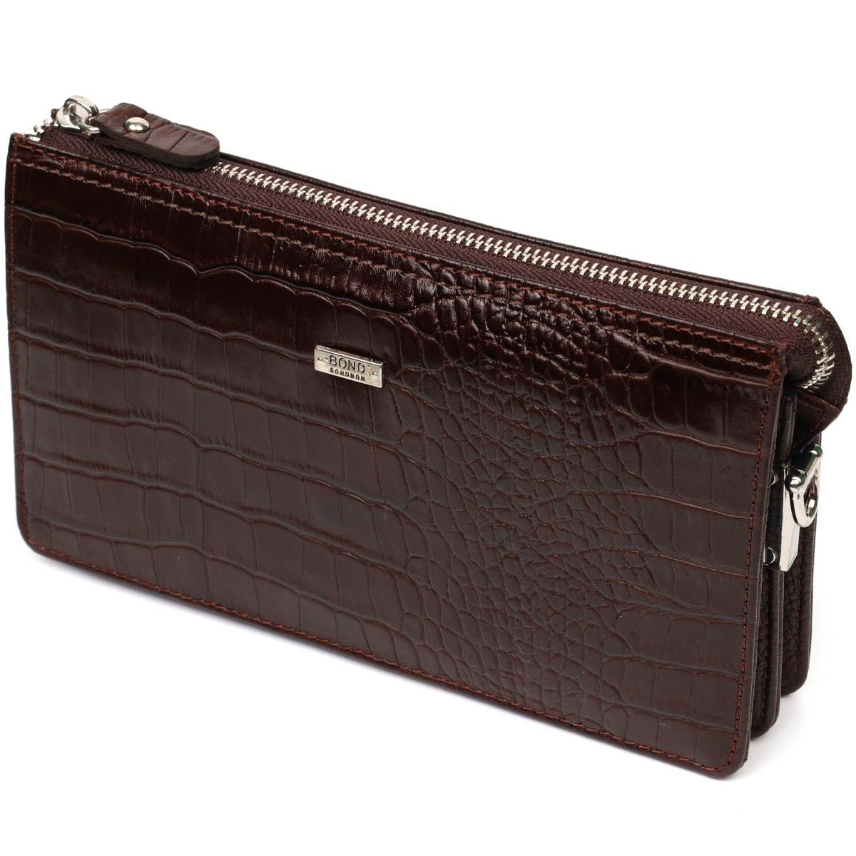 

Roomy men s clutch with two compartments made of genuine leather with crocodile embossing BOND-WALLET 22046 Brown