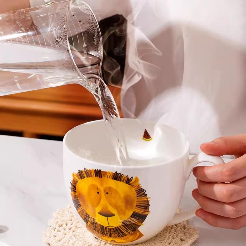 600ml Velkokapacitní keramický hrnek slon s víčkem a lžičkou – Roztomilý zvířecí design Snídaňová miska, Miska na ovesnou kaši, Šálek na kávu