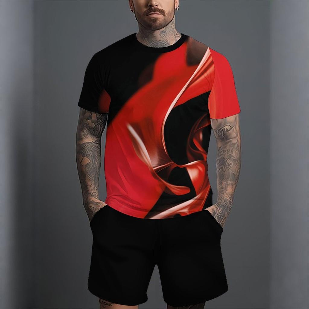 Men Abstract Red Fluid Art Print Short Sleeve T Shirt And Solid Black Shorts Two Piece Outfit