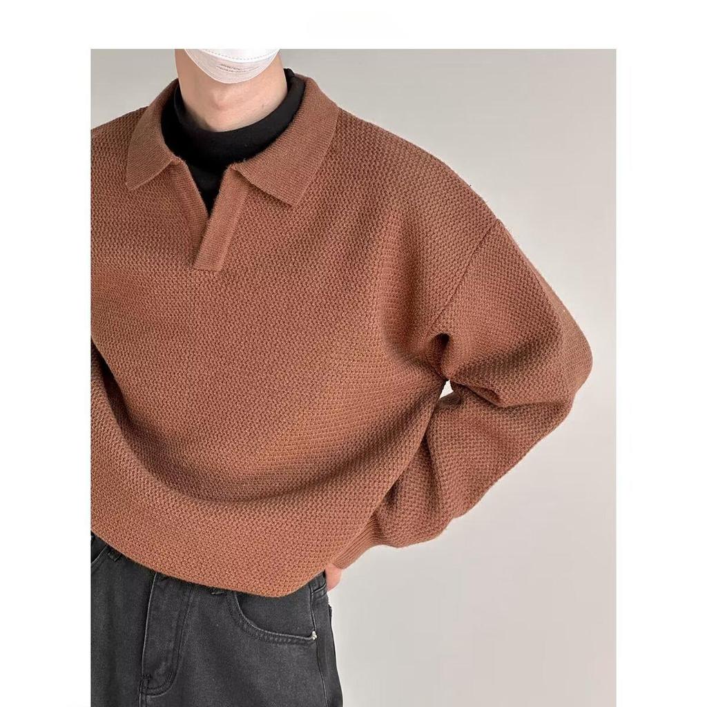 Men's Korean Retro V-Neck Polo Collar Knit Sweater for Autumn/Winter