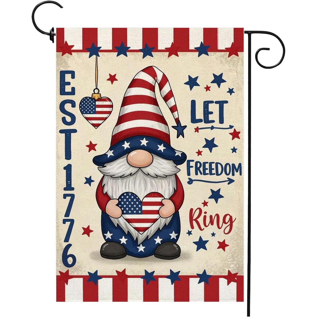 Patriotic Gnome Garden Flag for 4th of July 12x18 Double Sided American Gnome with Love Heart Independence Day Memorial Yard Outdoor Decor