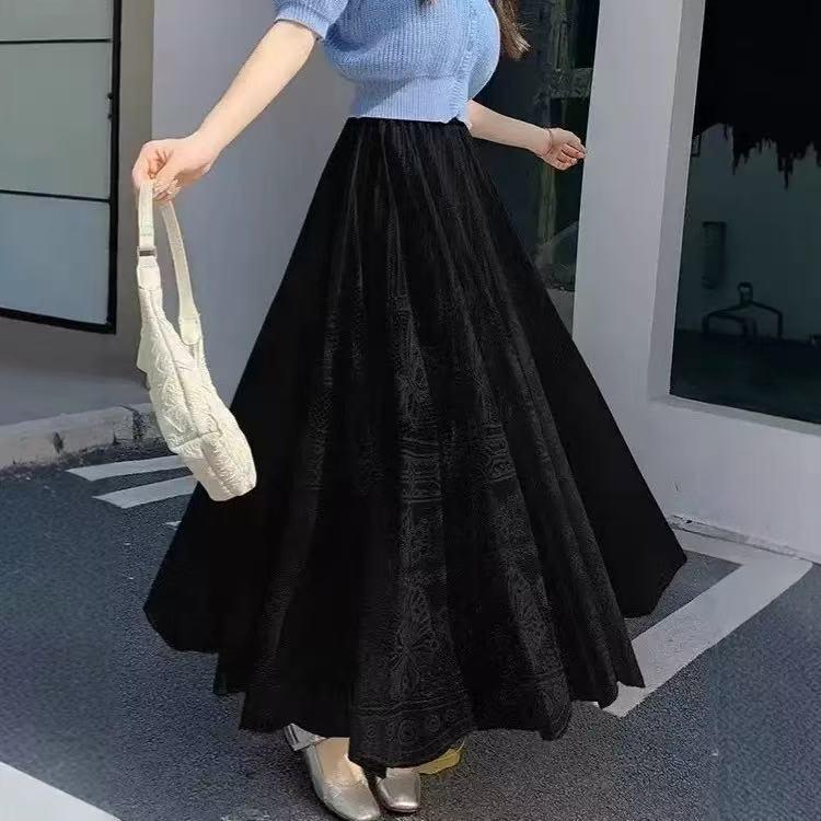 Women's Double-Sided Lace A-Line Pleated Long Flare Skirt for Autumn