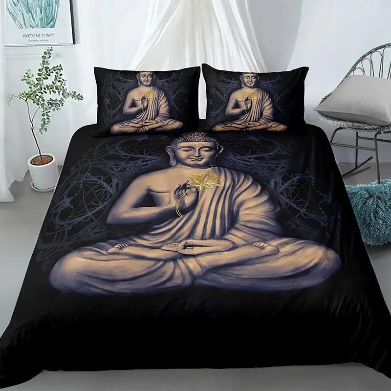Buddha Duvet Cover Set King Size Exotic Ethnic Bohemian Bedding Set Microfiber Golden Buddha Statue Print Gorgeous Quilt Cover