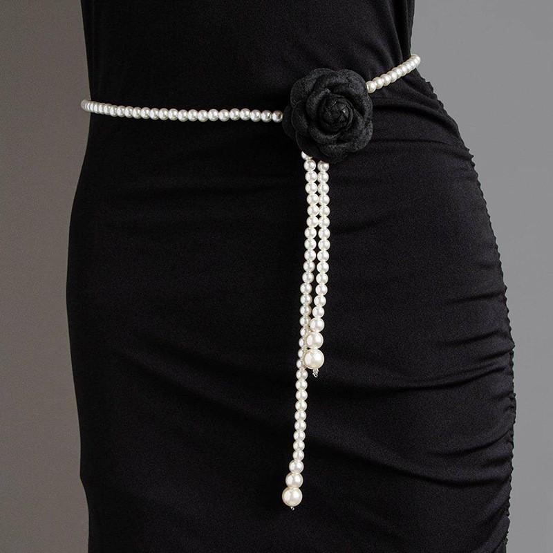 Waist Fashion Pearl Chain With Camellia Flower Decor Women Accessory Dress