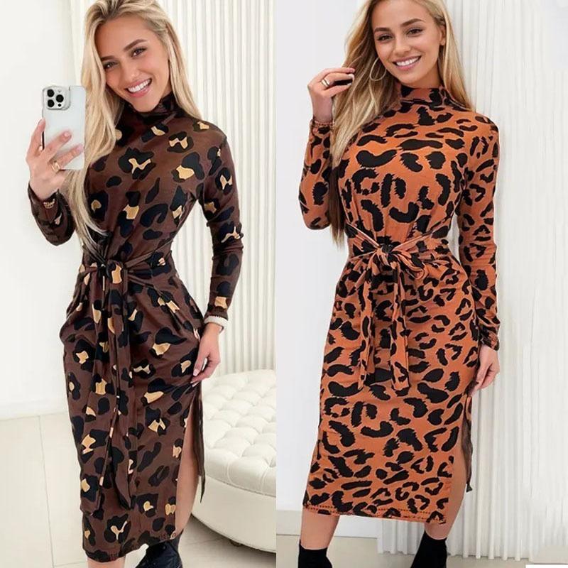 Herbst Damen Bedrucktes Langarm Schnürkleid