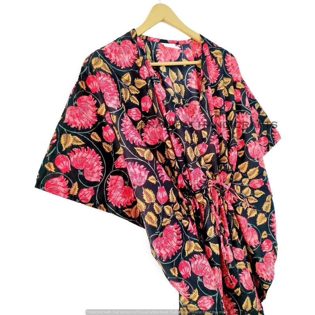 Women Hippie Summer Cotton Sleepwear Floral Print Black Long Maxi Caftan Dress CKFTN-SCRN-FULL-BUYIT-141