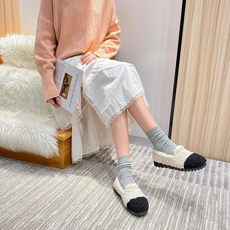 Mocasini de damă la modă, în culori mixte, cu blană de lână crețată, balerini cu blană, pantofi de iarnă de pluș pentru femei, mocasini cu lână cu talpă groasă, mărimi mari 34-43