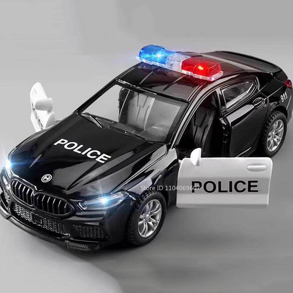 1:32 M8 Mini Police Car Toy Models Alloy Diecast Sound Light Pull Back 4 Doors Opened Rubber Tires Festival Vehicle Toys Gifts