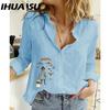 IHUASU Women's Fashion Casual Small Fish Print Long Sleeve POLO Neck Blouses & Shirts