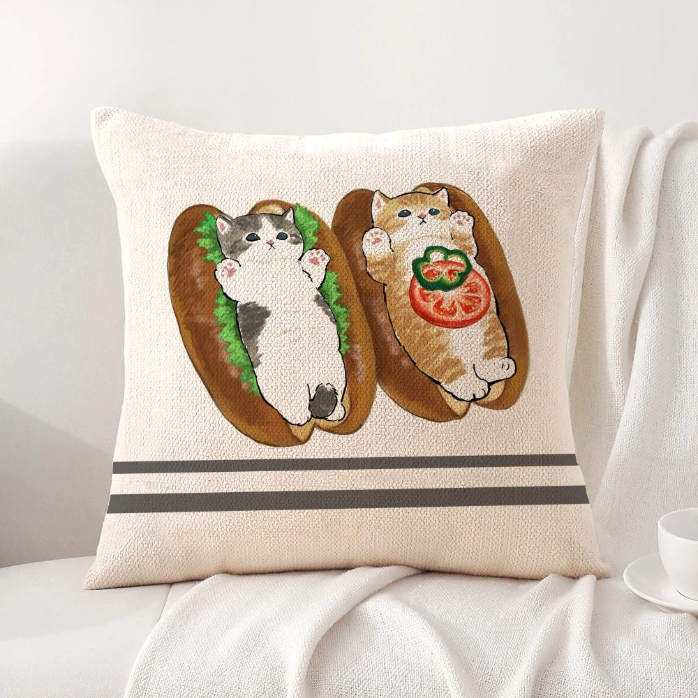 Cute Cat Cartoon Animal Cushion Cover Natural Linen Organic Fabric DoubleSided Printing Sofa Home Decor Breathable Bed Pillow