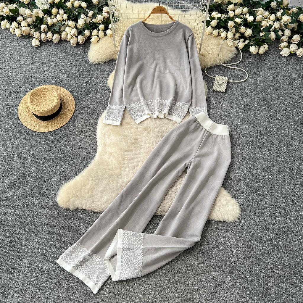 Autumn Winter Women Vintage Jacquard Knitted Sweater Trouser Two Piece Set Full Sleeve Pullover Tops and Wide Leg Pant Tracksuit