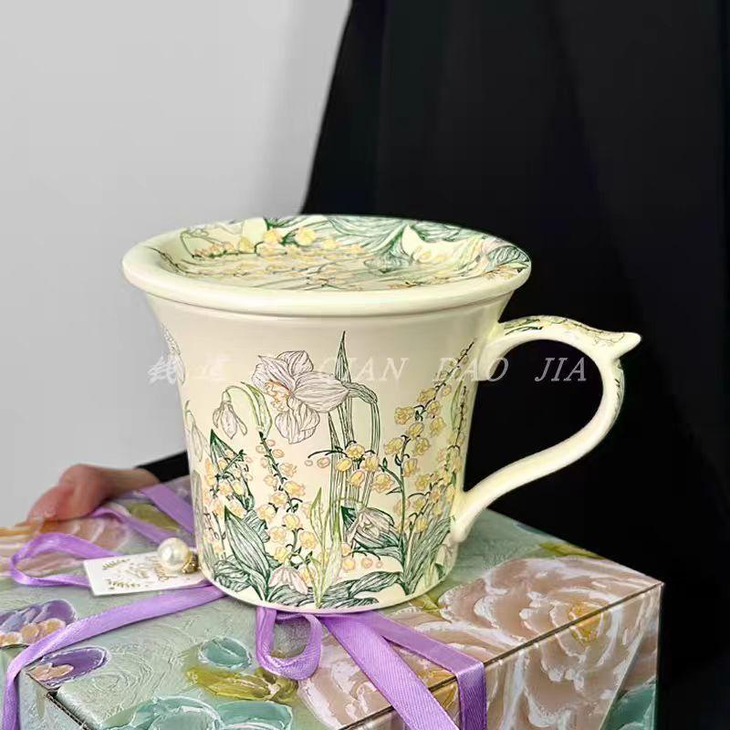 Vintage Ručně Malovaný Kreslený Květ Velkokapacitní Hrneček Keramický Šálek Šálek na Kávu Šálek na Vodu Suvenýr Snídaňový Šálek