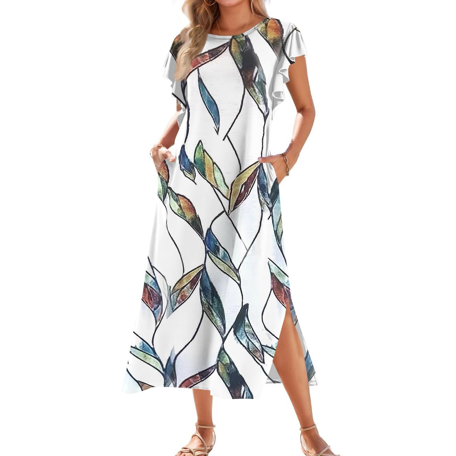 

Женское модное летнее повседневное пляжное платье с плиссированными рукавами, свободным ретро-цветочным принтом, короткими рукавами, круглым завязкой и карманом M