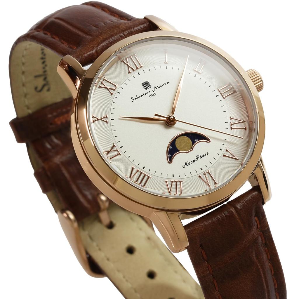 Salvatore Marra Women's Moon Phase Watch, Model SM26151, 34mm, Pink Gold & Silver, Leather Strap, Limited Edition