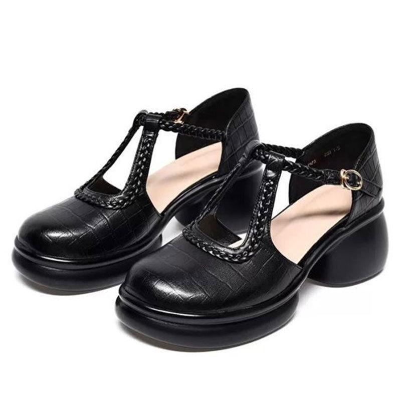 Baotou Sandals Women's Summer New Stone Pattern Woven Round Head Thick Heel Comfortable Versatile High Heel Single Shoes