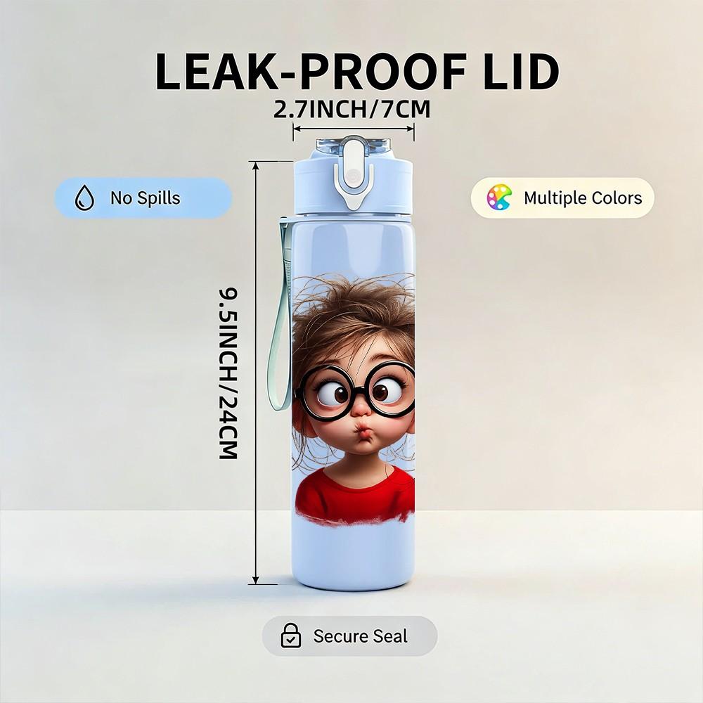 1PC Girl With Glasses Cute Portrait Print 750ml Color Plastic Sports Water Bottle Leakproof Flip Straw Lid Suitable for Sports Office Home Use